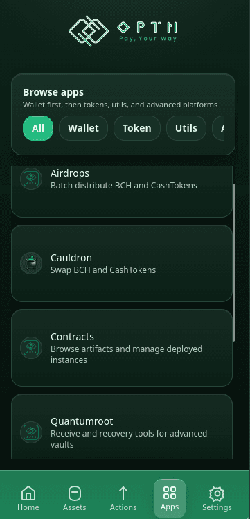 OPTN Wallet app browser screen